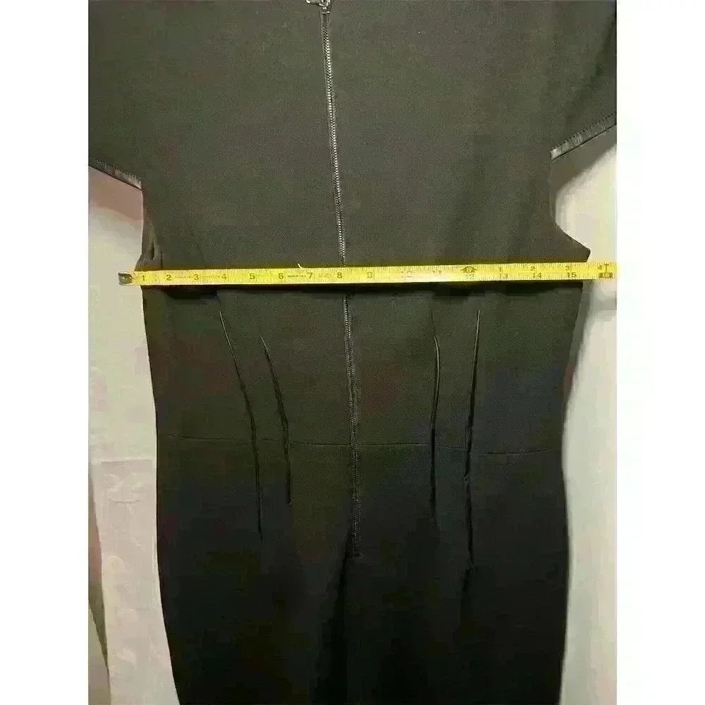 Betsey Johnson Women's Black Sheath Dress Faux Leather Trim Size 12 Knee Length - Picture 11 of 12